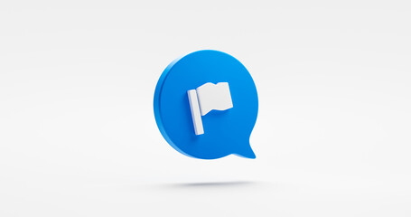 Fototapete - Location flag icon isolated on white 3d background with blue message bubble goal sign destination place or travel gps marker pointer direction symbol and simple map pin website navigation distance.