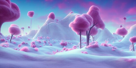  Magic fairytale Winter landscape with snow, mountains, pink fluffy clouds and fir trees against blue sky. Bright christmas wallpaper. 3D render.