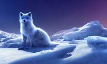 Polar Fox Sitting On Iced Snow With Starry Night Sky At Background. Postproducted AI Generated 3d Illustration.