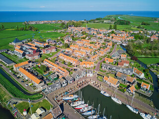 Canvas Print - Aerial drone view of picturesque village of Marken, near Volendam, North Holland, Netherlands