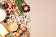 Christmas cookie baking background. Festive cooking, xmas homemade biscuits, recipes for holidays concept