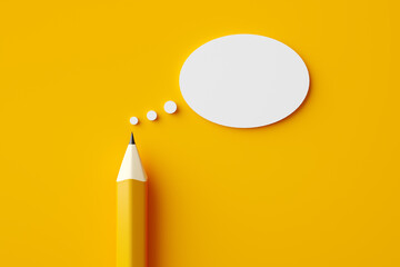 Pencil and speech or thought bubble on yellow background. 3D render.