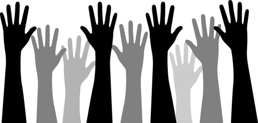 Flat graphic style illustration of different multiracial raised hands isolated 