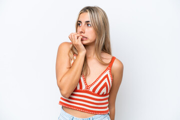 Wall Mural - Young caucasian woman isolated on white background is a little bit nervous