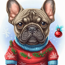 French Bulldog Illustration With Christmas Clothing