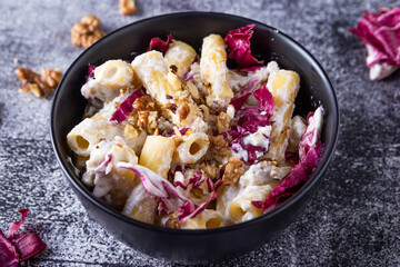 Wall Mural - Creamy pasta with ricotta, walnuts and radish. Vegetarian macaroni pasta with ricotta and radicchio.