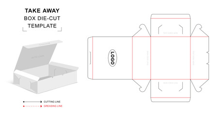 Takeaway meal box die cut template with 3D blank vector mockup for food packaging