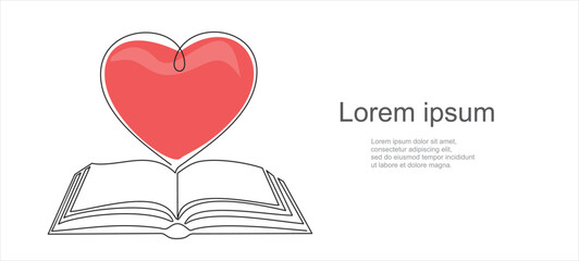 Poster - Open book and heart, continuous line vector illustration. one line vector drawing of a book and a heart, concept of love of reading. Black and white hand drawn image.