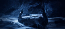 Mystical Rocks In Smoke On A Dark Background. Panoramic View Of The Abstract Fog. Beautiful Swirling Blue Smoke. Mockup For Your Logo. Wide Angle Horizontal Wallpaper Or Web Banner.