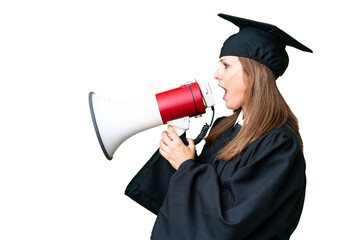 Canvas Print - Middle age university graduate woman over isolated background shouting through a megaphone