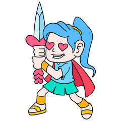 Poster - Digital illustration of a cute cartoon cupid girl superhero with a heart sword on a white background