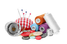 Spools Of Threads And Sewing Tools On White Background