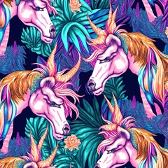 Wall Mural - Pattern of colorful unicorns and tropical leaves and flower. generative ai