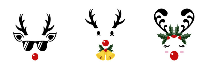 A cute collection of reindeer faces with Christmas characters are isolated on a white background.