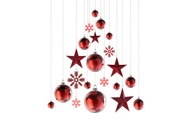 Wall Mural - abstract christmastree in shades of red stars snowflakes baubles hanging from above isolated 3d rend