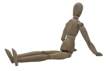 Wooden Jointed Figure Sitting On Ground With Legs Stretched Out And Hands On Ground Behind