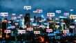 © Summit Art Creations - Social media icons fly over city downtown showing people reciprocity connection through social network application platform . Concept for online community and social media marketing strategy .