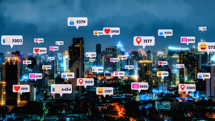 Wall Mural - Social media icons fly over city downtown showing people reciprocity connection through social network application platform . Concept for online community and social media marketing strategy .