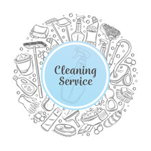 Cleaning Service, Round Design Template With Line Icons Vector Illustration. Cleaning Service Text In Blue Circle Frame With Hand Drawn Outline Detergent, Housekeeping Tools And Maids Equipment Around