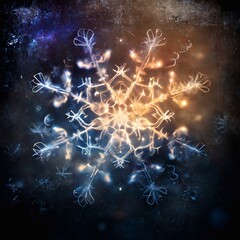 Wall Mural - A computer generated organic style snowflake shape glowing against a grunge dirty texture background illustration. A.I. generated art.