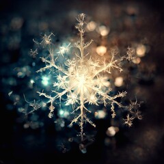 Wall Mural - A computer generated organic style snowflake shape glowing against a grunge dirty texture background illustration. A.I. generated art.