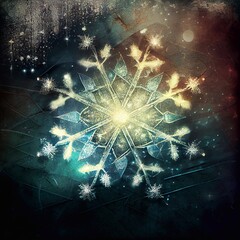 Wall Mural - A computer generated organic style snowflake shape glowing against a grunge dirty texture background illustration. A.I. generated art.