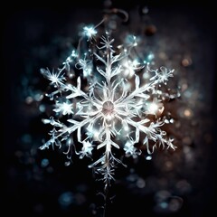 Wall Mural - A computer generated organic style snowflake shape glowing against a grunge dirty texture background illustration. A.I. generated art.