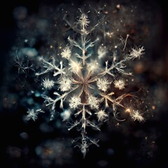 Wall Mural - A computer generated organic style snowflake shape glowing against a grunge dirty texture background illustration. A.I. generated art.