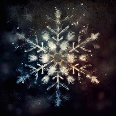Wall Mural - A computer generated organic style snowflake shape glowing against a grunge dirty texture background illustration. A.I. generated art.