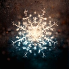 Wall Mural - A computer generated organic style snowflake shape glowing against a grunge dirty texture background illustration. A.I. generated art.