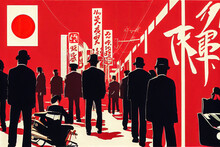 A Group Of Organised Asian Criminials Wearing All Black Suits. Japanese Yakuza Mafia Silhouettes Standing On Red Background With Calligraphy All Around. Fantasy Concept Art Of Yakuza Gang Members.