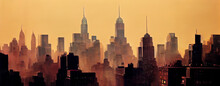 Digital Illustration Of A Panoramic View Of New York City Skyline At Dusk. Orange Skies At Sunset With Skyscrapers And Silhouettes In A NYC Cityscape. Illustrated NY City Buildings View From A Rooftop