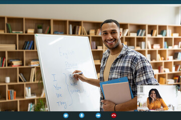 Poster - Online class. Young man and woman having web conference on laptop, male tutor explaining new theme to lady, screenshot