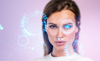Poster - businesswoman portrait, artificial intelligence and network circles hud
