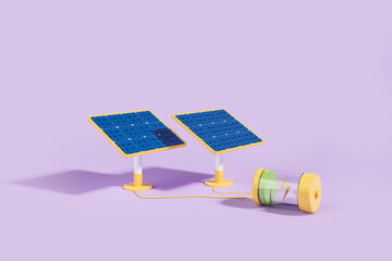 Wall Mural - Solar panels and battery charging on purple background