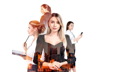 Poster - Businesswomen working together, using smartphone and take note, skyscrapers