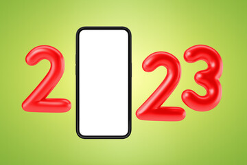 Poster - Smartphone big mock up display on green background, 2023 year