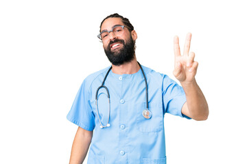 Wall Mural - Young doctor man over isolated chroma key background smiling and showing victory sign