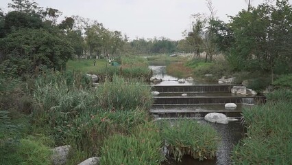 Wall Mural - Water cascade in a green park on a gloomy park