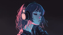 Beautiful Anime Girl Listening To Lofi Hip Hop Music With Headphones. Manga, Cartoon Drawing.