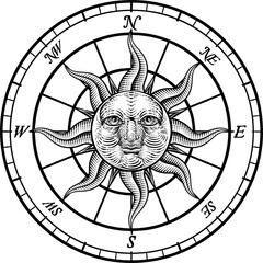 Sticker - Compass Sun Face Etching Rose Woodcut Drawing