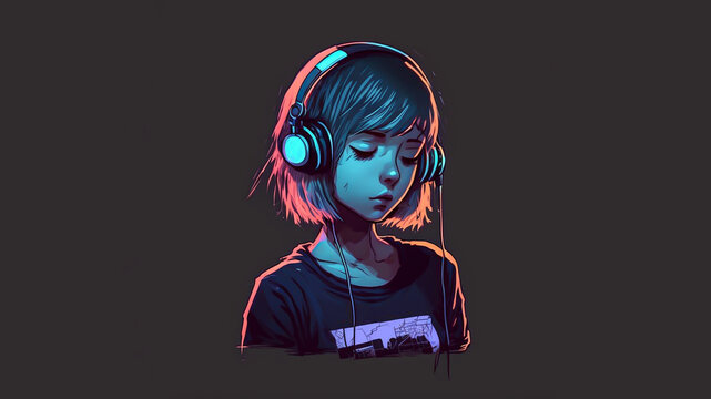 Wall Mural -  - Beautiful anime girl listening to lofi hip hop music with headphones. Manga, cartoon drawing.