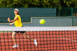 © ty - Professional equipped female tennis player beating hard the tennis ball with racquet.