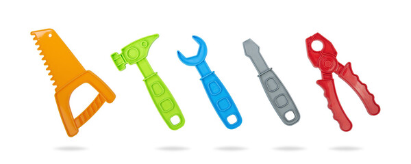 Toy repair tools isolated on white background. handsaw, hammer, wrench, screwdriver, hand pliers.