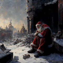 Drawing of santa claus upset and disappointed in bombarded ukraine city crying in disbelief of the devestation and shelling