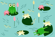 Frog Seamless Pattern. Repeating Cute Frogs And Water Lilies, Baby Shower Design, Postcard Printing Or Vector Texture Of Textile Cartoon On Wallpaper. Water Lilies And Lily Flowers, Flying Insects