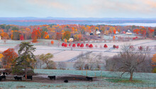 Overlooking A Peaceful New England Farm In The Autumn At Sunrise With Frost On Foreground, Boston, Massachusetts, USA