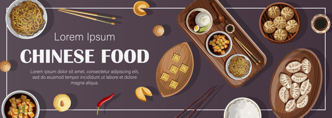 Wall Mural - Template sale banner design. Vector illustration of Chinese food and copy-space isolated on purple. Flyer, poster, coupon, brochure, menu, card concept.