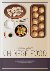 Wall Mural - Template banner design. Vector illustration of Chinese food and copy-space isolated on light and purple. Poster, flyer, promotion, menu, cover concept.