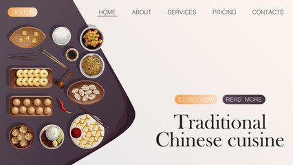 Wall Mural - Vector template website design. Illustration of Chinese food Dim Sum dumplings,chopsticks, soy sauce, Mapo Tofu and copy-space isolated on white and blue. Promotion, cover, banner, poster concept.